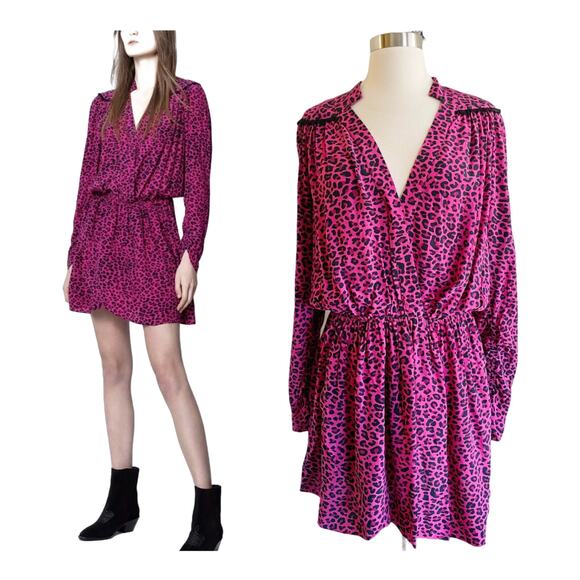 ZADIG & VOLTAIRE Reveal Leopard Print Dress Hot Pink Black MSRP $398 Large NWT - Picture 1 of 12